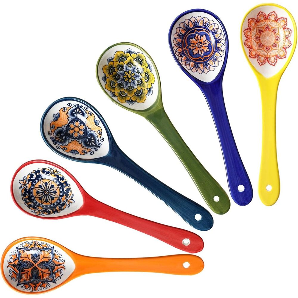 6 Piece Colorful Ceramic Soup Spoon Set Floral Pattern Boho Cottagecore Kitchen